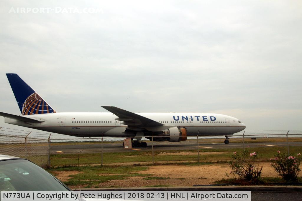 N773UA, 1995 Boeing 777-222 C/N 26929, N773UA Boeing 777 arriving at Honolulu 13 February 2018 after losing an engine cowling in flight