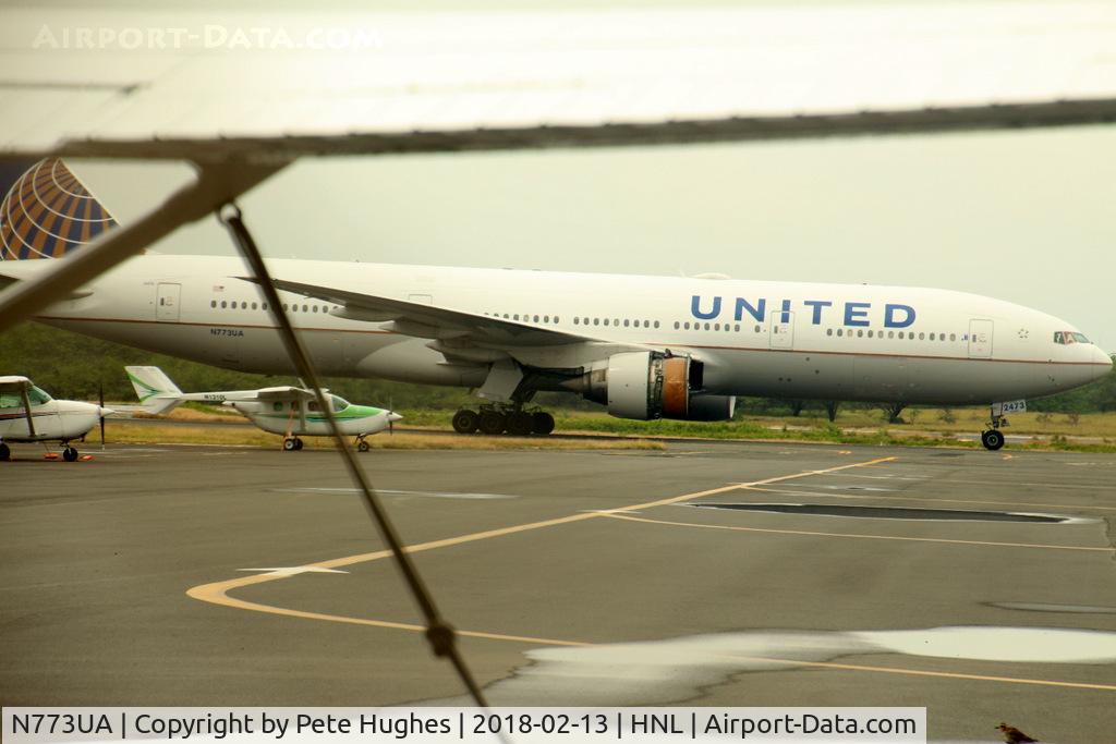 N773UA, 1995 Boeing 777-222 C/N 26929, N773UA Boeing 777 arriving at Honolulu 13 February 2018 after losing an engine cowling in flight