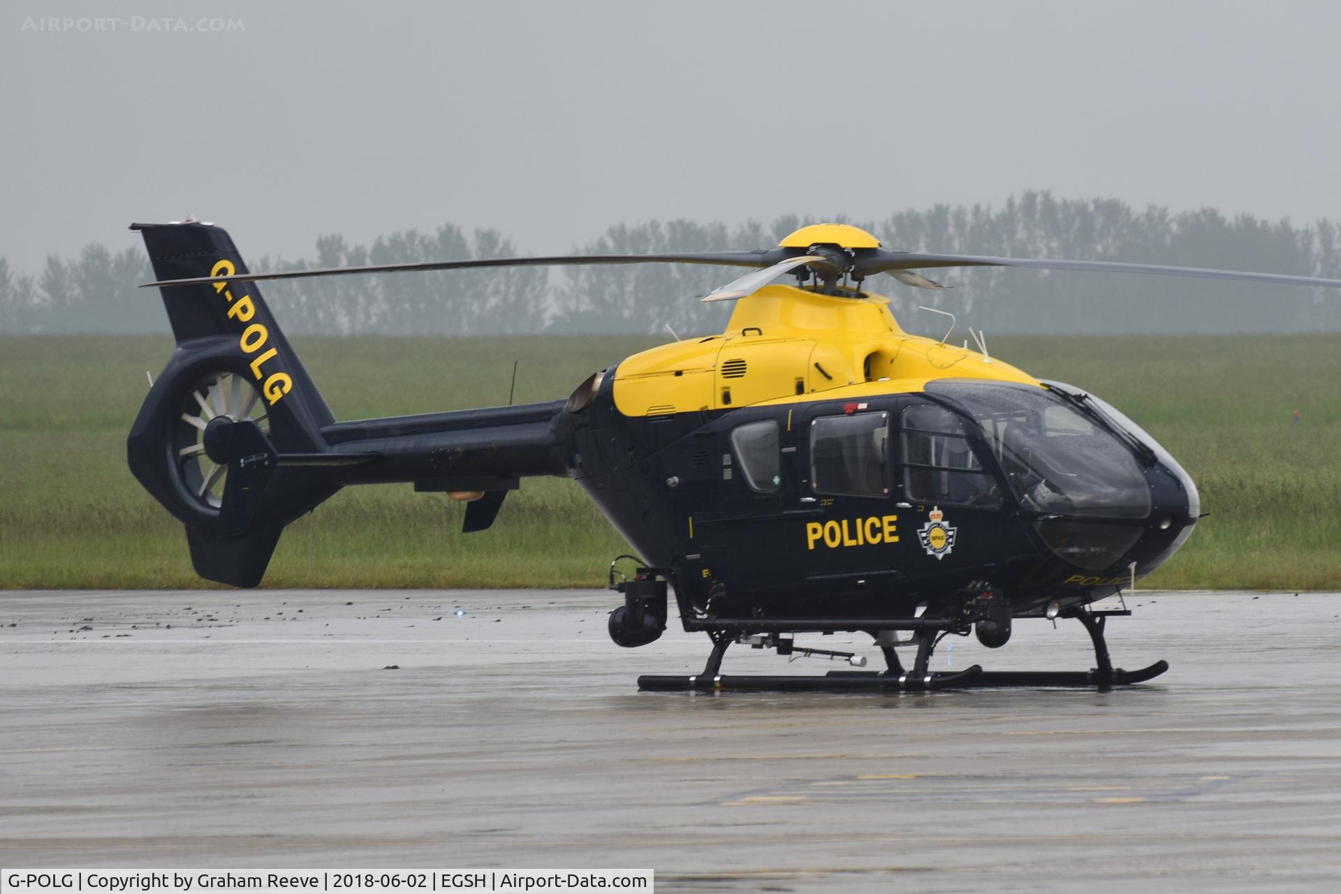 G-POLG, 2002 Eurocopter EC-135T-2+ C/N 0228, Parked at Norwich in heavy rain.