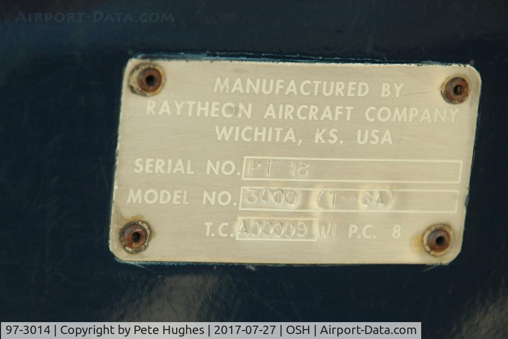 97-3014, 1997 Raytheon T-6A Texan II C/N PT-18, 97-3014 T-6 II at Oshkosh,  manufacturers plate confirming cn as PT-18, note presentation PT (space) 18 with no hyphen!
