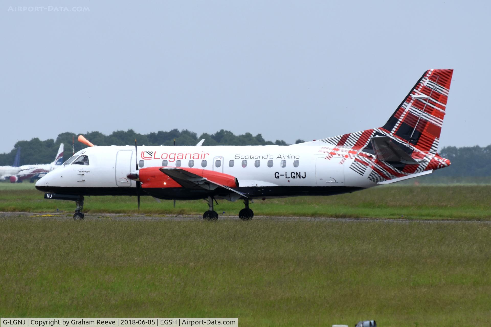 G-LGNJ, 1989 Saab 340B C/N 340B-173, Departing from Norwich.