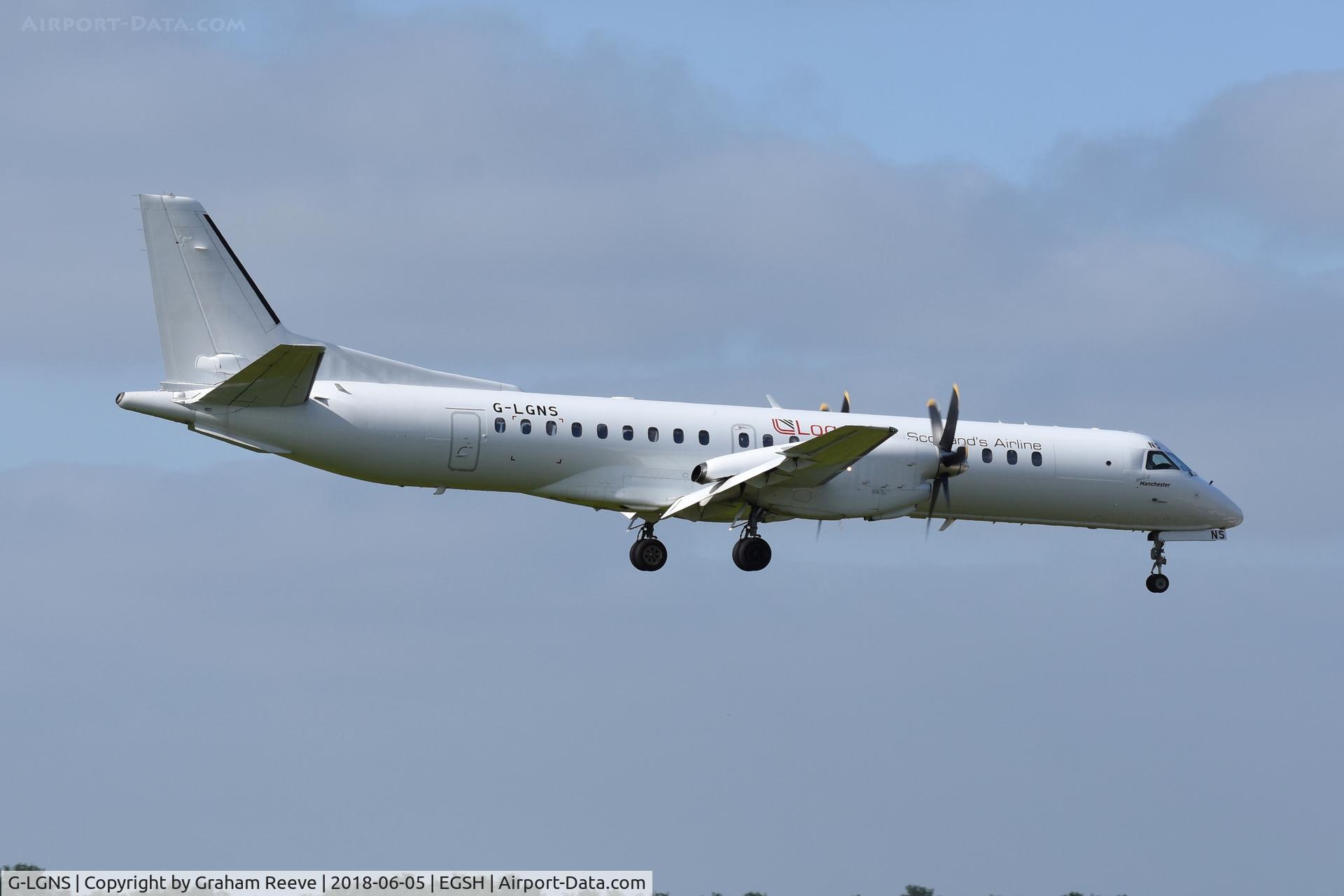 G-LGNS, 1996 Saab 2000 C/N 2000-041, Landing at Norwich.