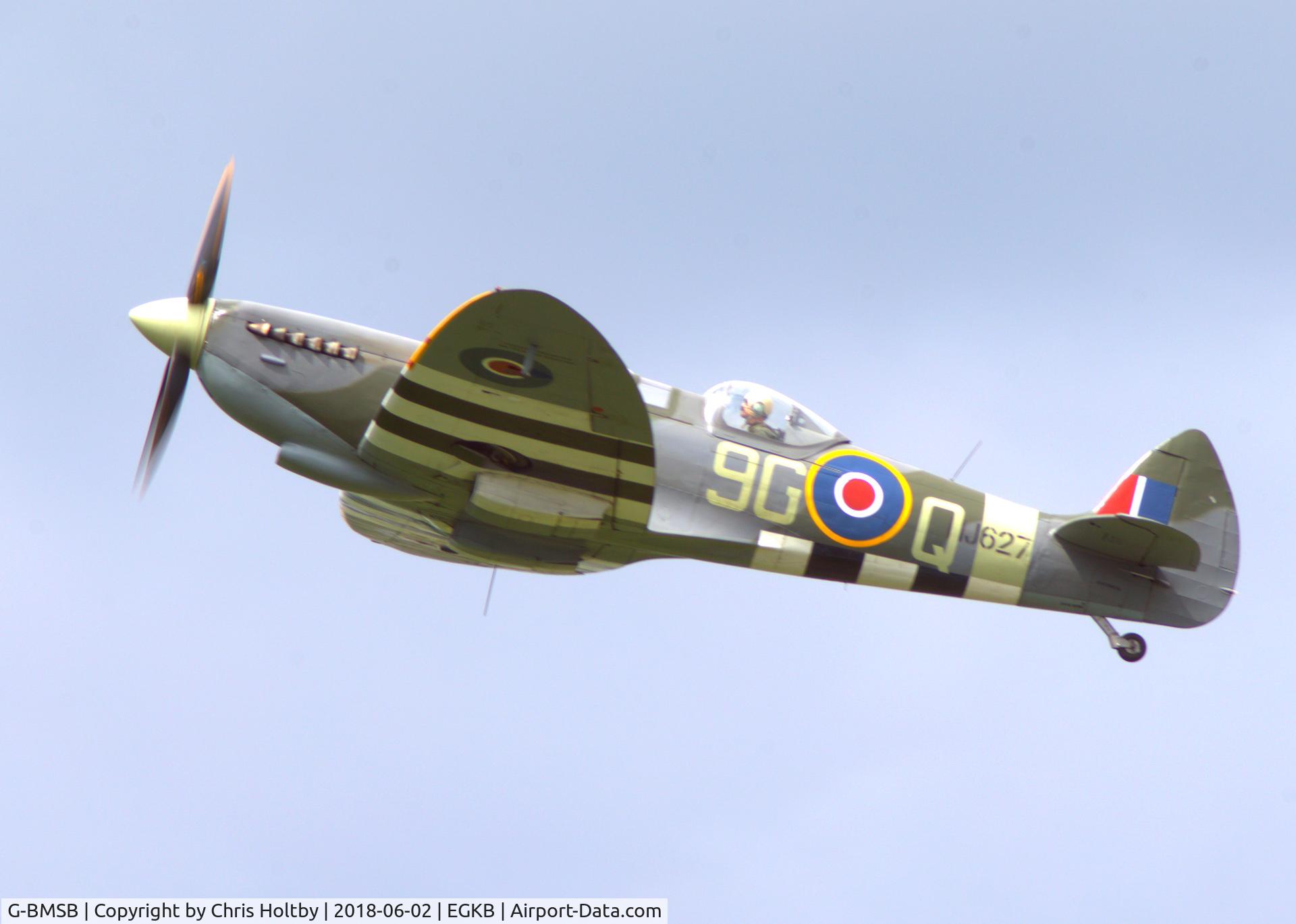 G-BMSB, 1943 Supermarine 361 Spitfire T.IX C/N CBAF.7722, Just taken off from its new home in the Heritage Hangar at Biggin Hill. 30 minute flight cost? £2750...