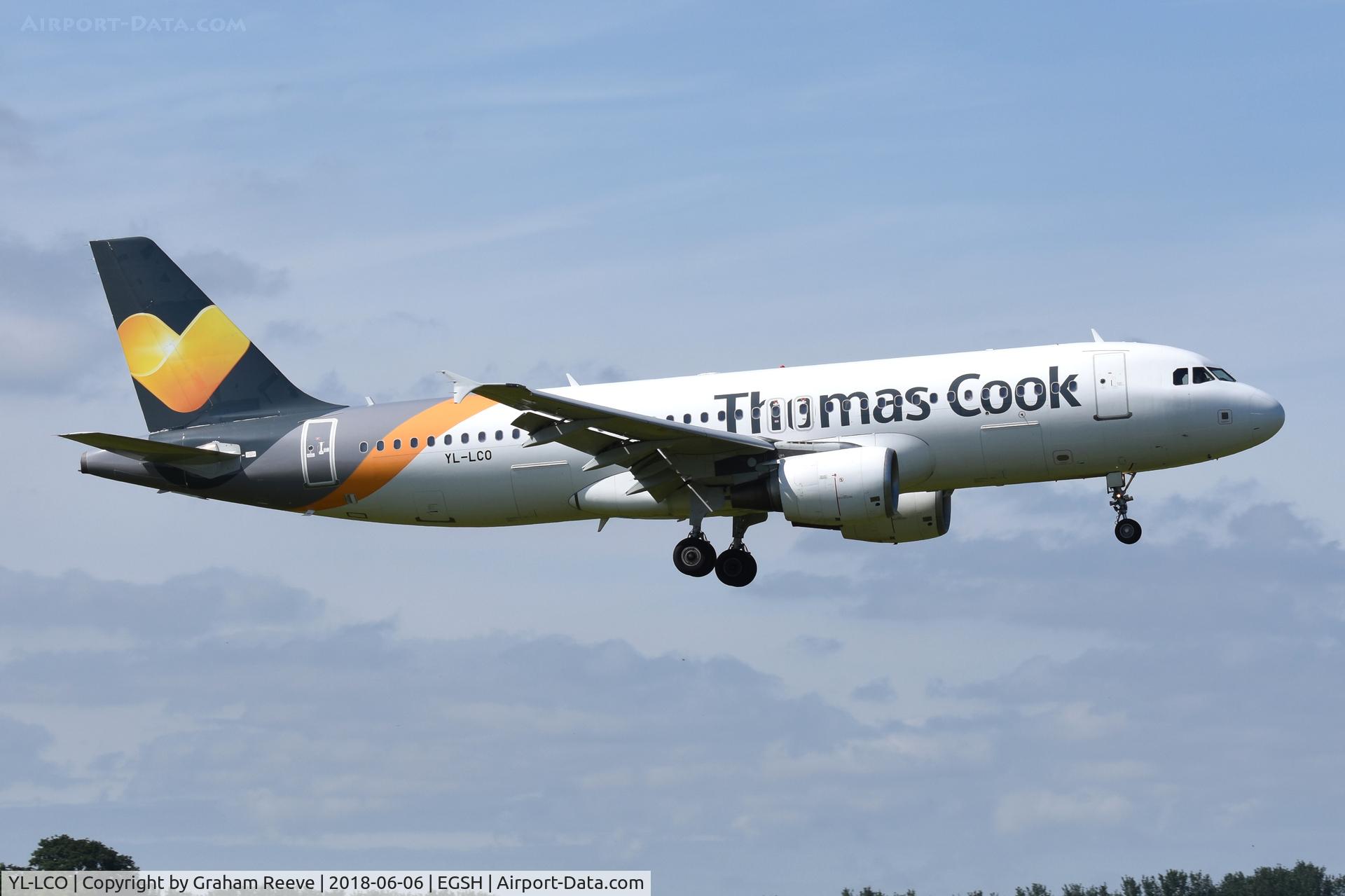 YL-LCO, 2002 Airbus A320-214 C/N 1873, Landing at Norwich.