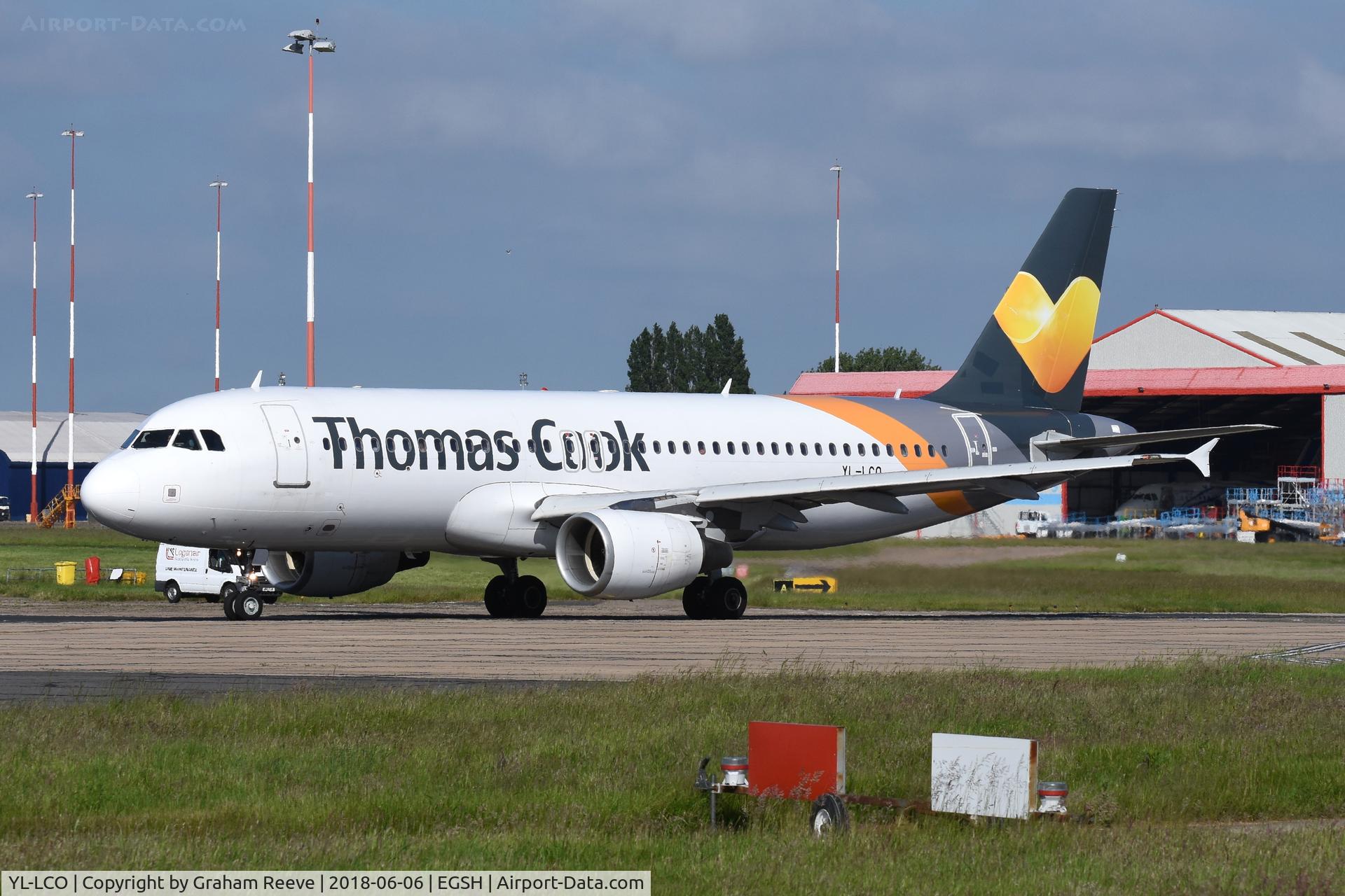 YL-LCO, 2002 Airbus A320-214 C/N 1873, Departing from Norwich.