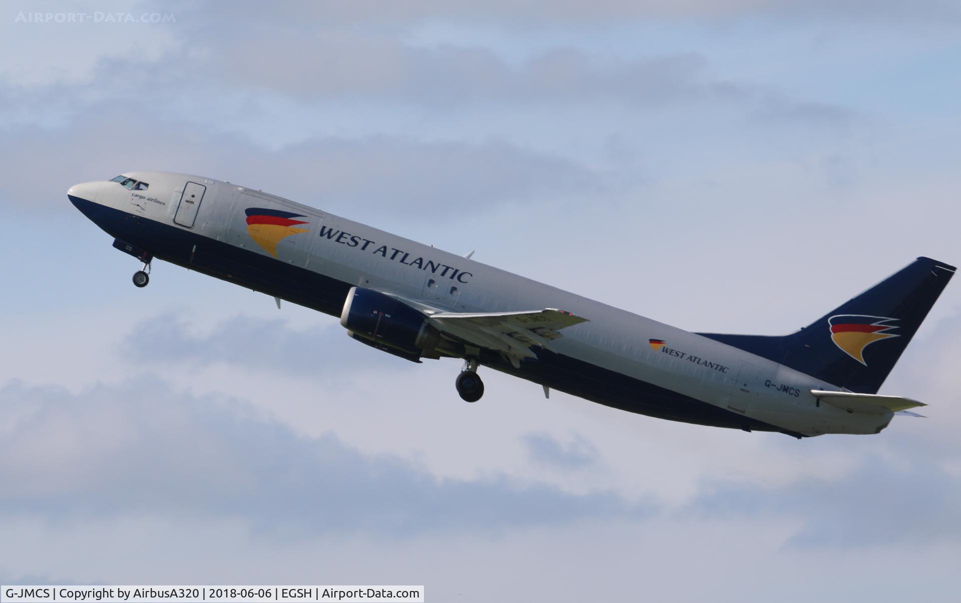 G-JMCS, 1990 Boeing 737-4Y0 C/N 24903, Departing RWY 27 on a test flight following work with KLM Engineering