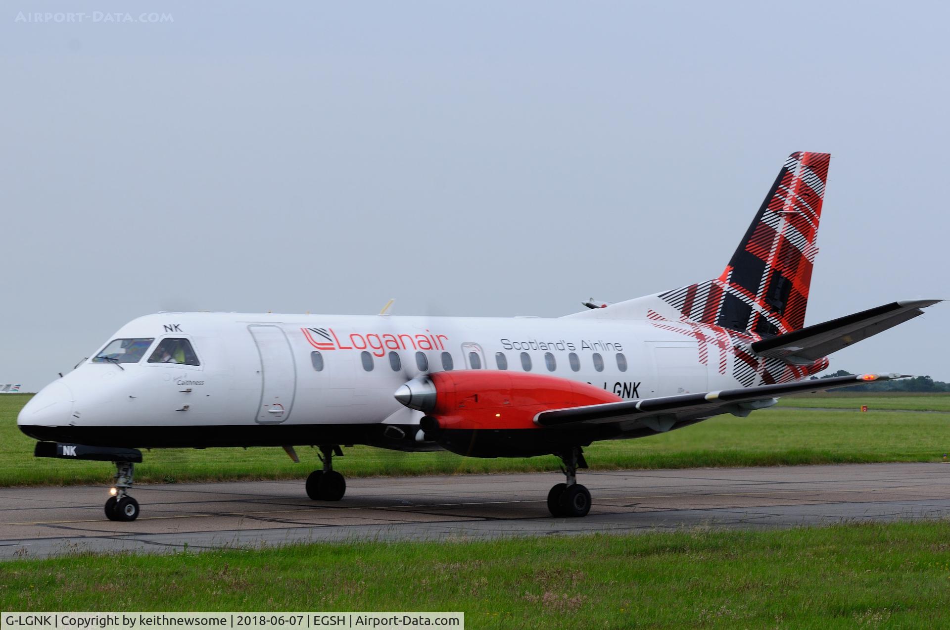 G-LGNK, 1990 Saab 340B C/N 340B-185, Leaving Norwich.