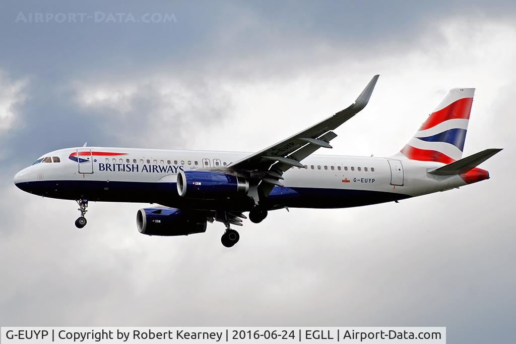 G-EUYP, 2013 Airbus A320-232 C/N 5784, On short final R/W 27L