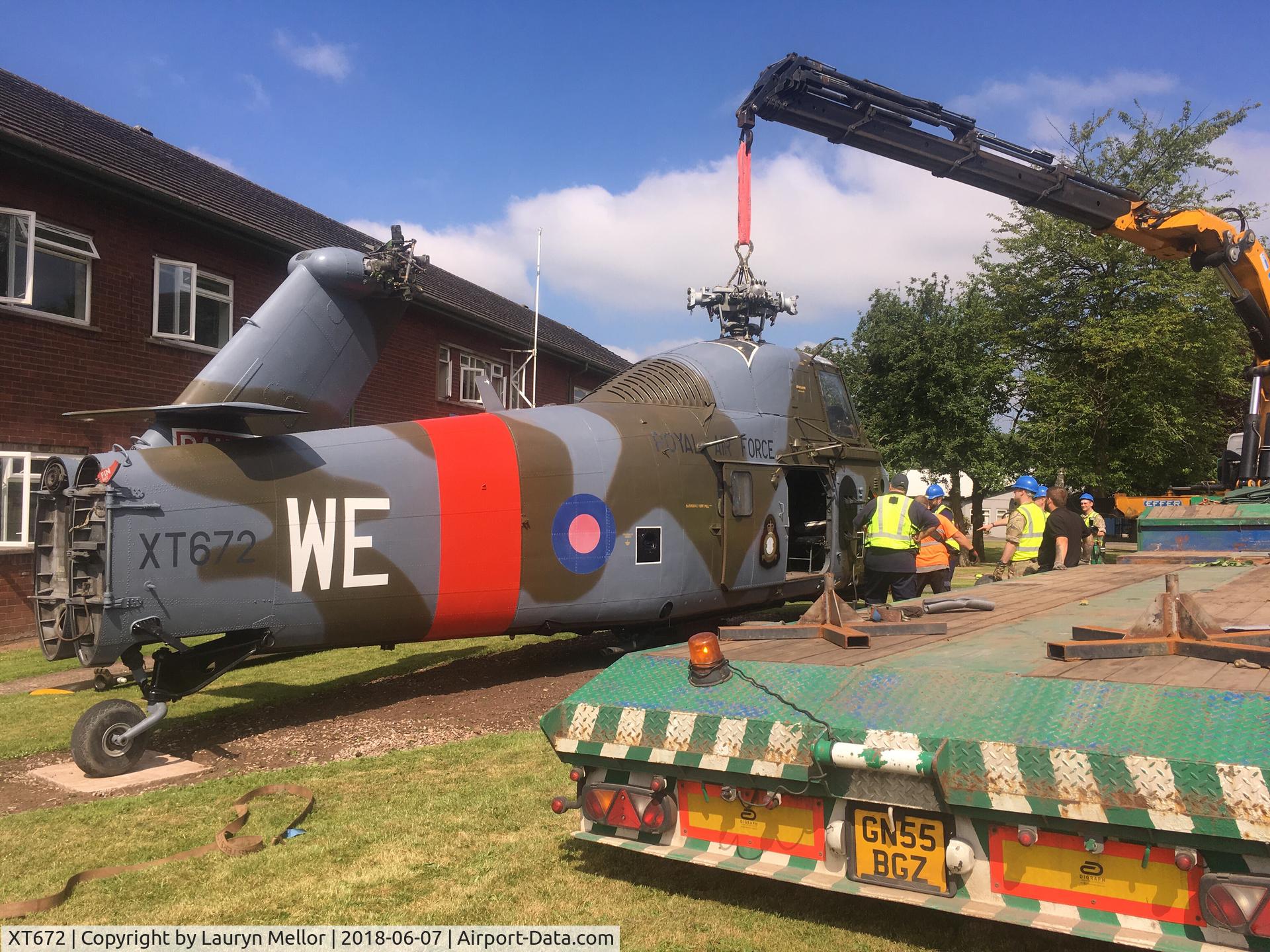 XT672, 1966 Westland Wessex HC.2 C/N WA540, Owned by Air & Ground Aviation and gatekeeper at MOD Stafford's Tactical Supply Wing since 2016. March 2018 - XT672 was taken to Somerset to be repainted and cleaned. Photo taken in June 2018 when it returned to its place as gatekeeper at TSW Stafford.