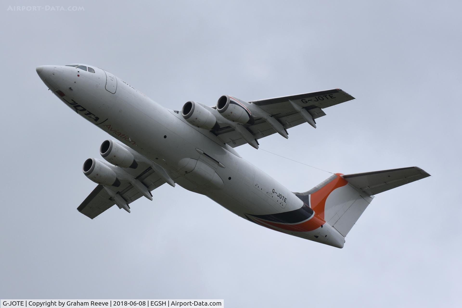 G-JOTE, 1990 British Aerospace BAe-146-300QT Quiet Trader C/N E3182, Departing from Norwich after a re-spray.