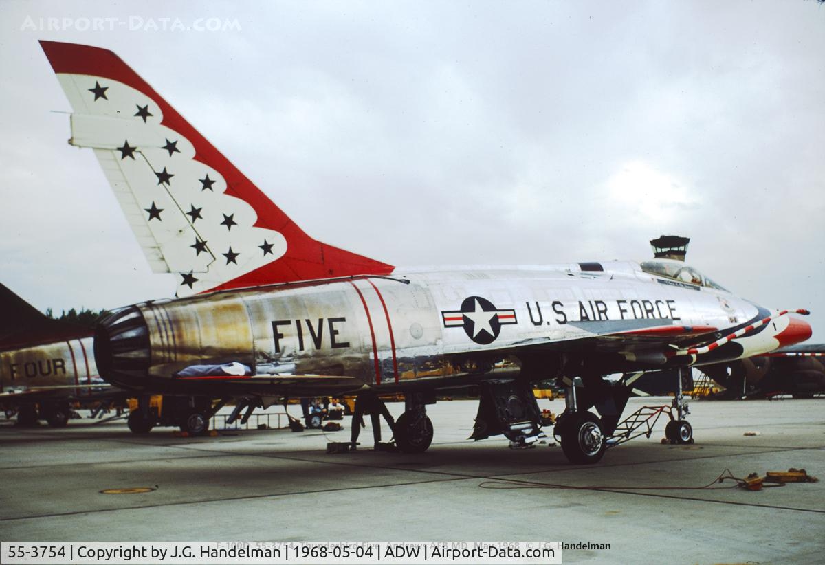 55-3754, 1956 North American F-100D Super Sabre C/N 223-436, T-Bird 5 at Andrews AFB May 1968.