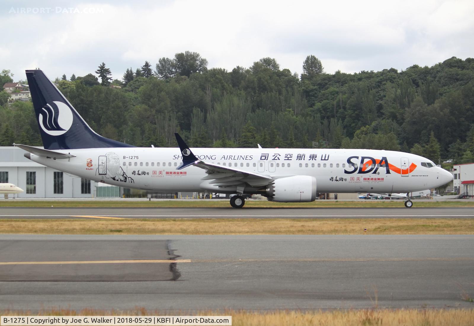 B-1275, 2018 Boeing 737-8 MAX C/N 61440, First 737MAX8 for Shandong Airlines.  Seen wearing a special livery for the Guomei Liquor Group with Confuscious on the rear of the aircraft.
