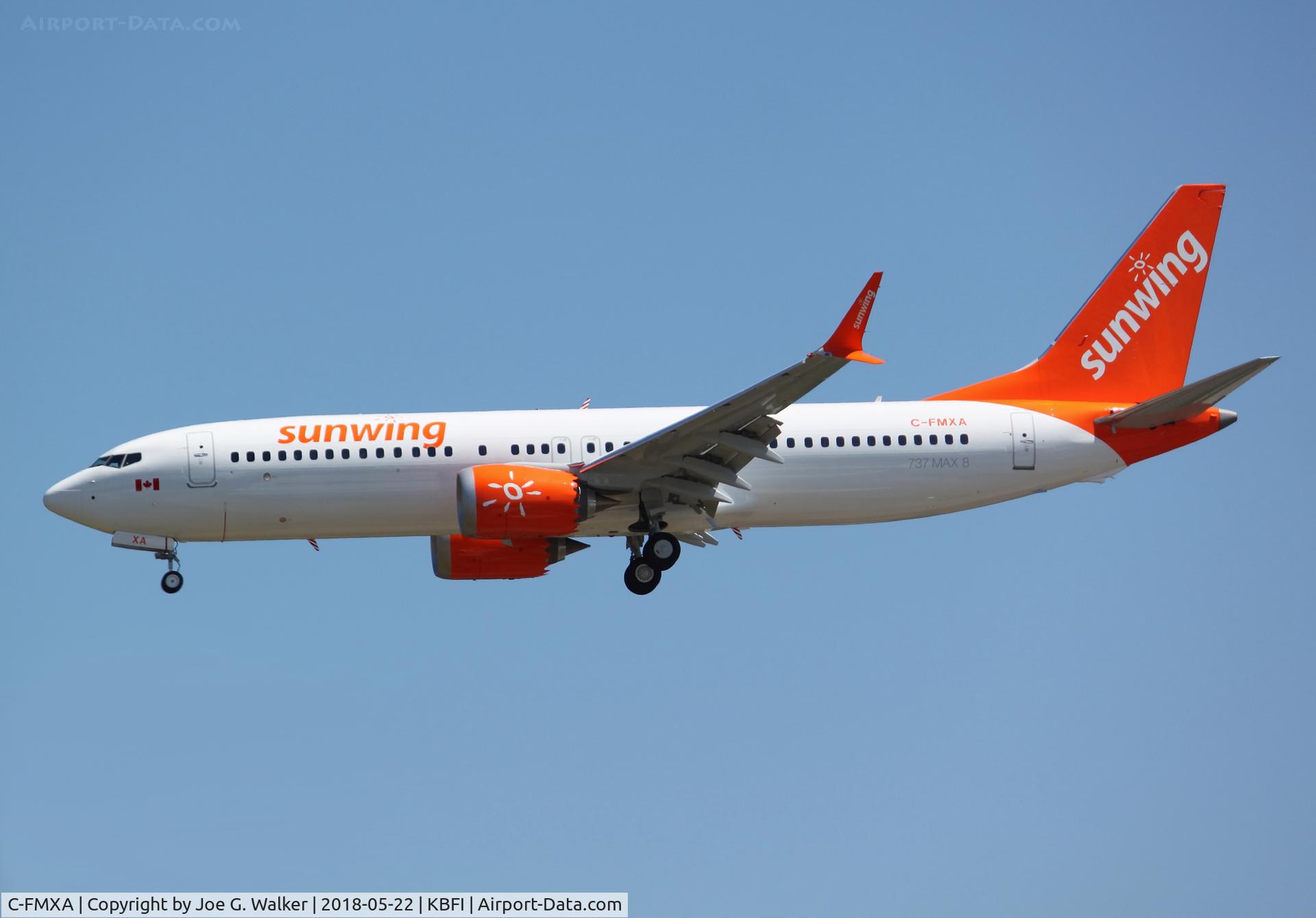 C-FMXA, 2018 Boeing 737-8 MAX C/N 43297, First 737MAX8 for Sunwing Airlines seen on approach to KBFI after a pre-delivery test flight.