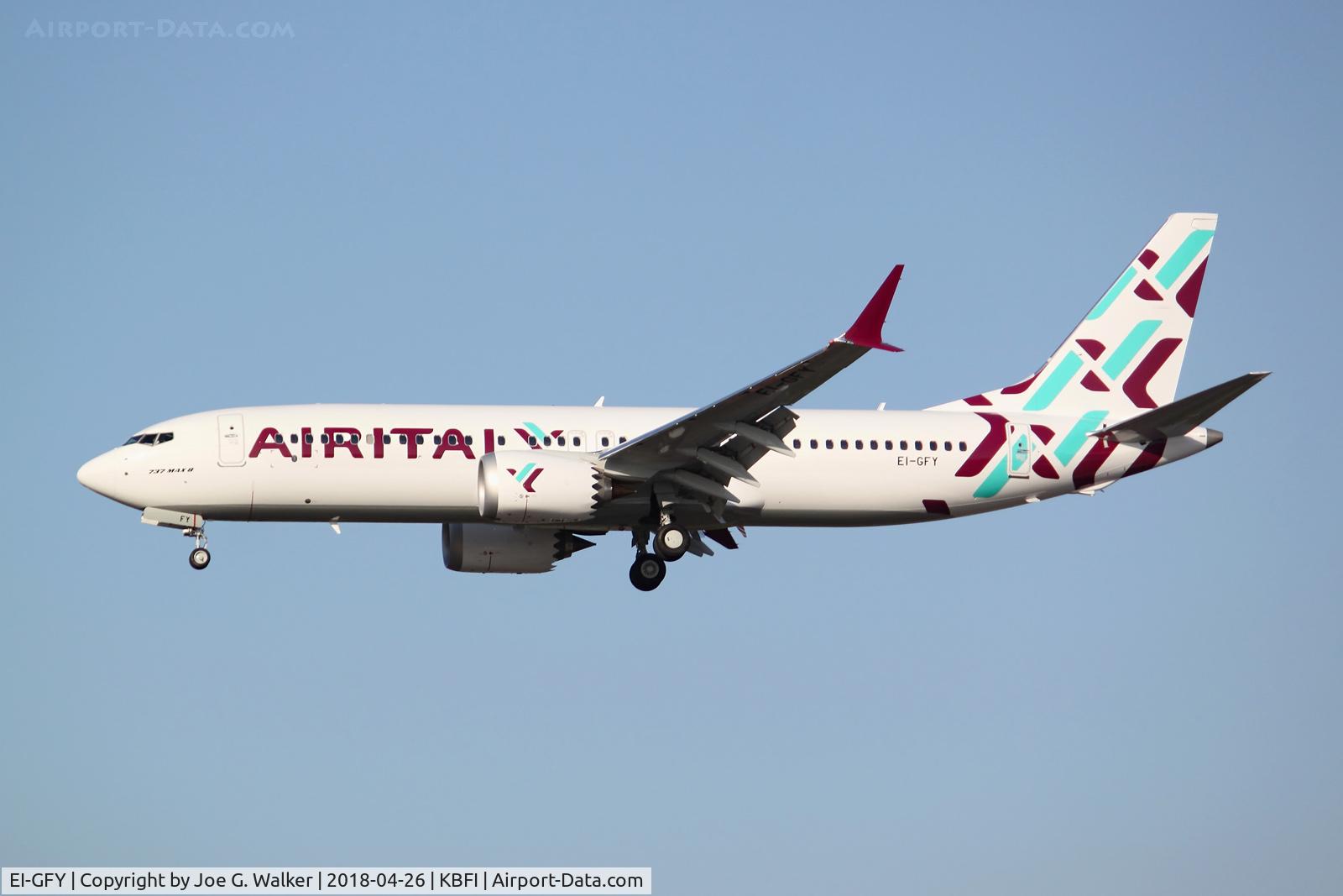 EI-GFY, 2018 Boeing 737-8 MAX C/N 64605, First 737MAX8 for Air Italy seen on short final to KBFI