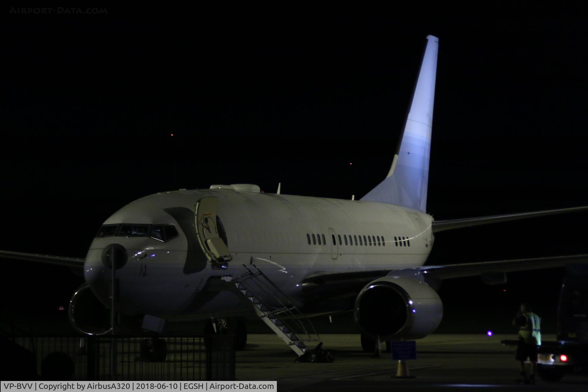 VP-BVV, 1999 Boeing 737-73U BBJ C/N 29200, Night time shot at Norwich