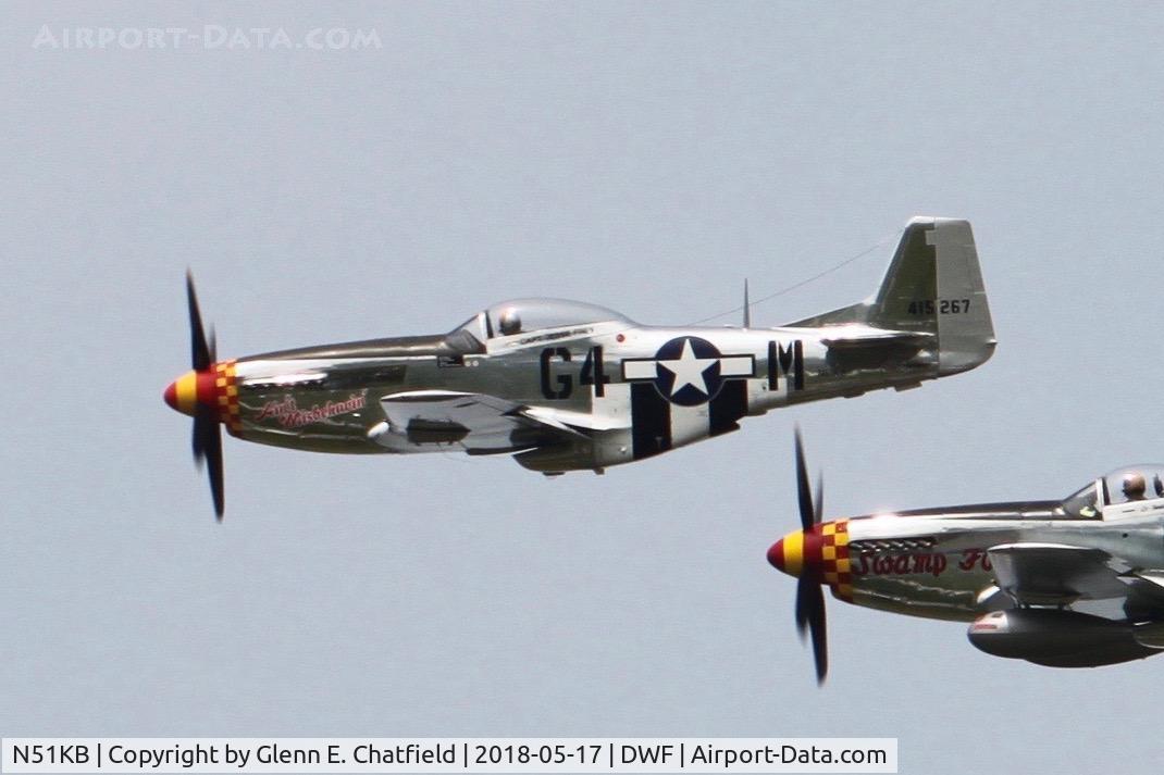N51KB, 1961 North American F-51D Mustang C/N 44-74009, Lead plane in a flight of three over-flying the National Museum of the USAF