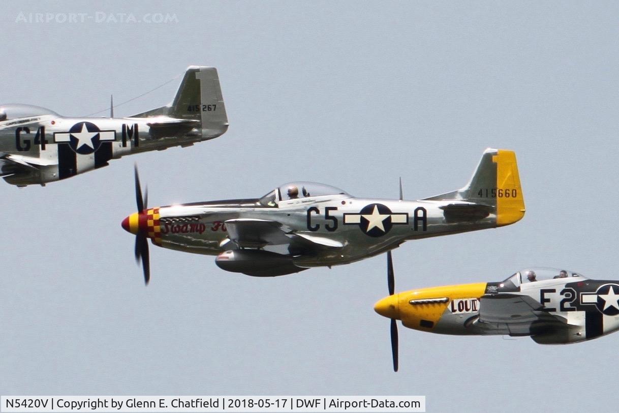 N5420V, 1944 North American/aero Classics P-51D C/N 44-74202, Middle plane of a flight of three over-flying the National Museum of the USAF