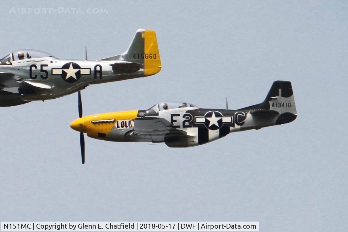 N151MC, 1968 North American F-51D Mustang Mustang C/N AF6722581, Trailing aircraft in a flight of three P-51s overflying the National Museum of the USAF