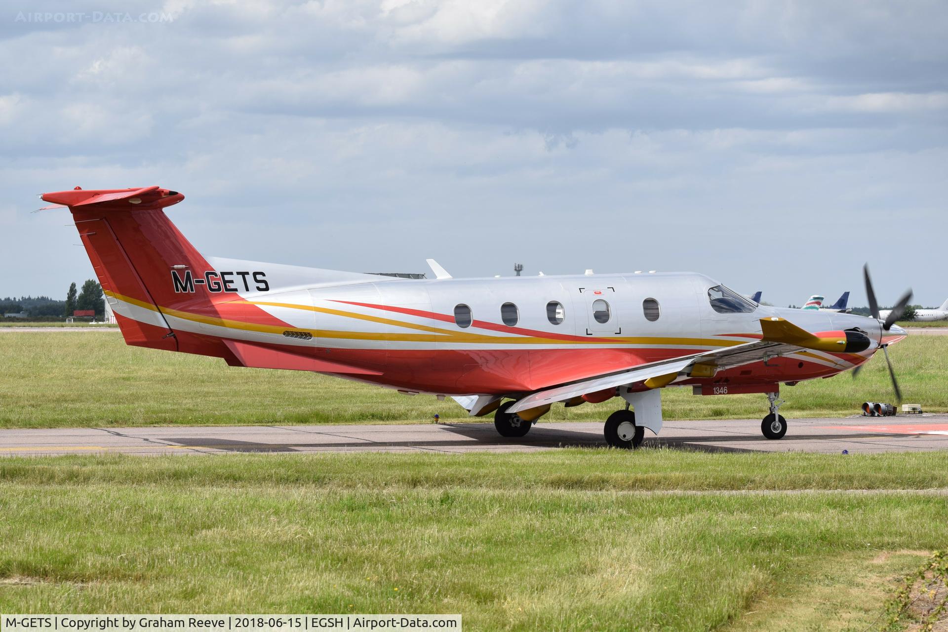 M-GETS, 2012 Pilatus PC-12/47E C/N 1346, Departing from Norwich.