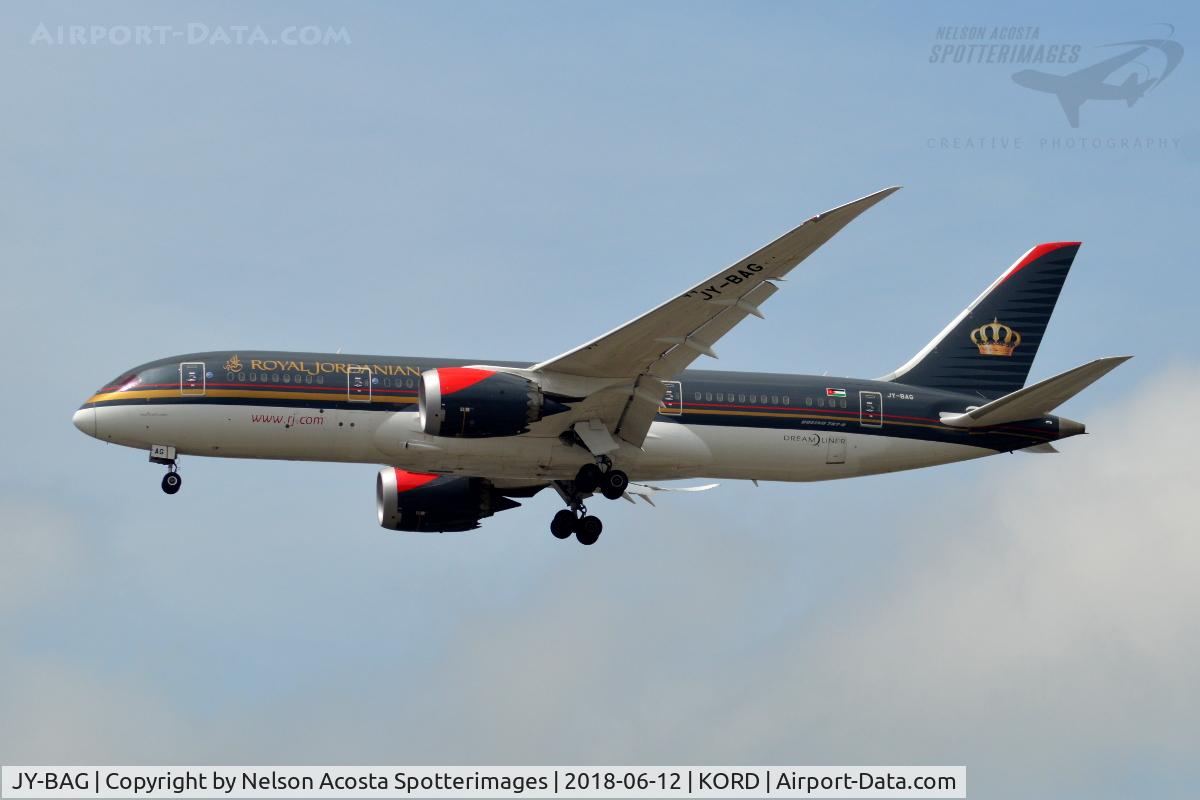 JY-BAG, 2016 Boeing 787-8 Dreamliner Dreamliner C/N 37984, First photo of aircraft on Database.

JY-BAG / Boeing 787-8 Dreamliner / 1.6 Years of Age /D. 11/1/2016

On final for Runway 28C @ KORD 6/12/2018