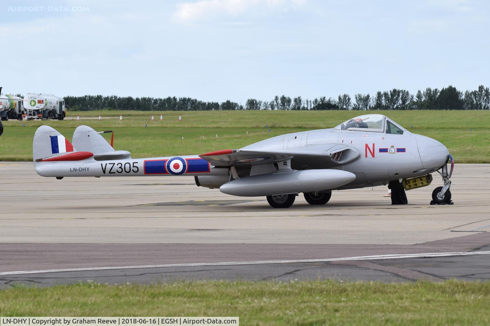 LN-DHY, 1952 De Havilland (FFA) DH-100 Vampire FB6 C/N 705, Parked at Norwich.