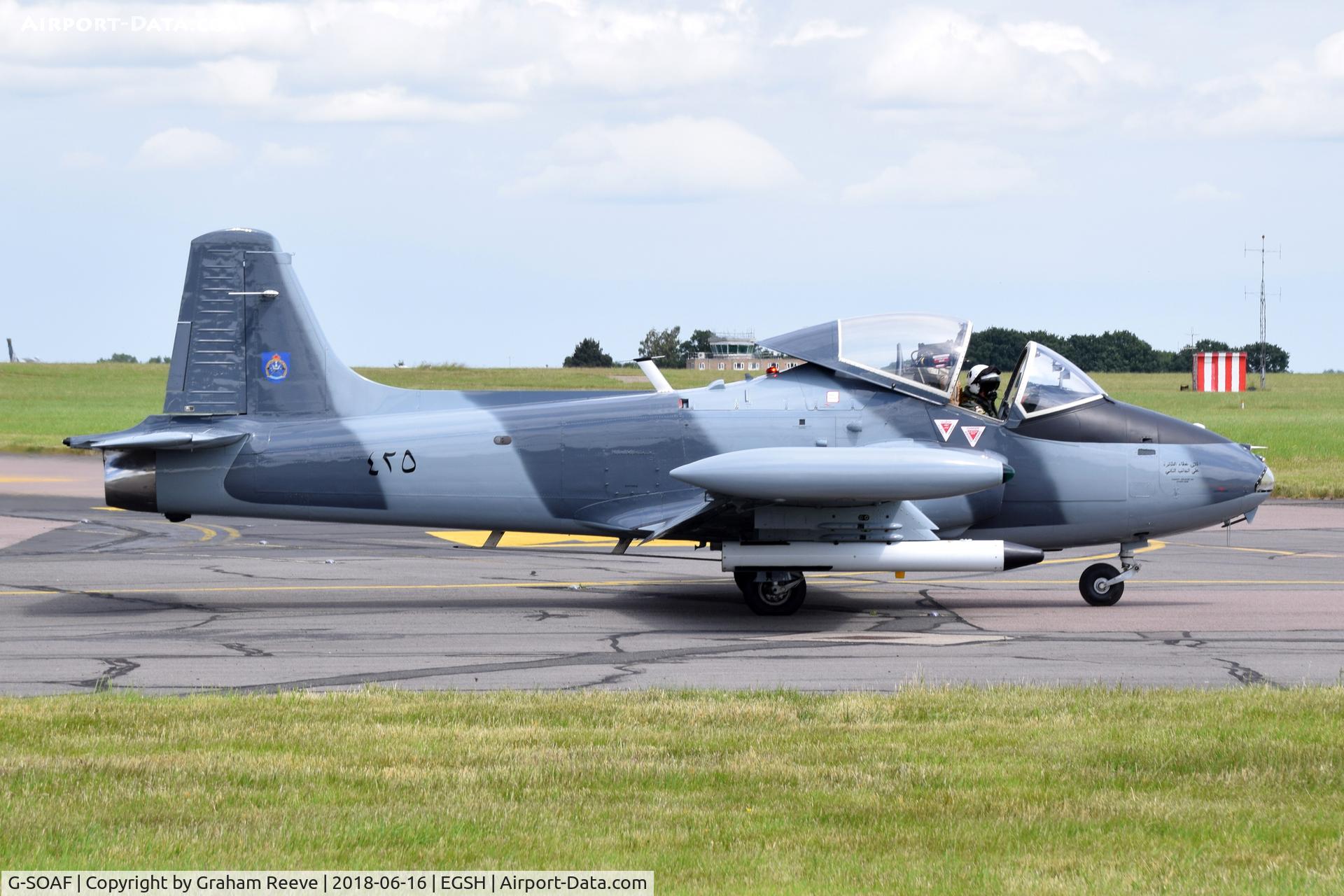 G-SOAF, 1986 BAC 167 Strikemaster Mk.82A C/N 425, Departing from Norwich, to perform in the Gt Yarmouth Air Show.