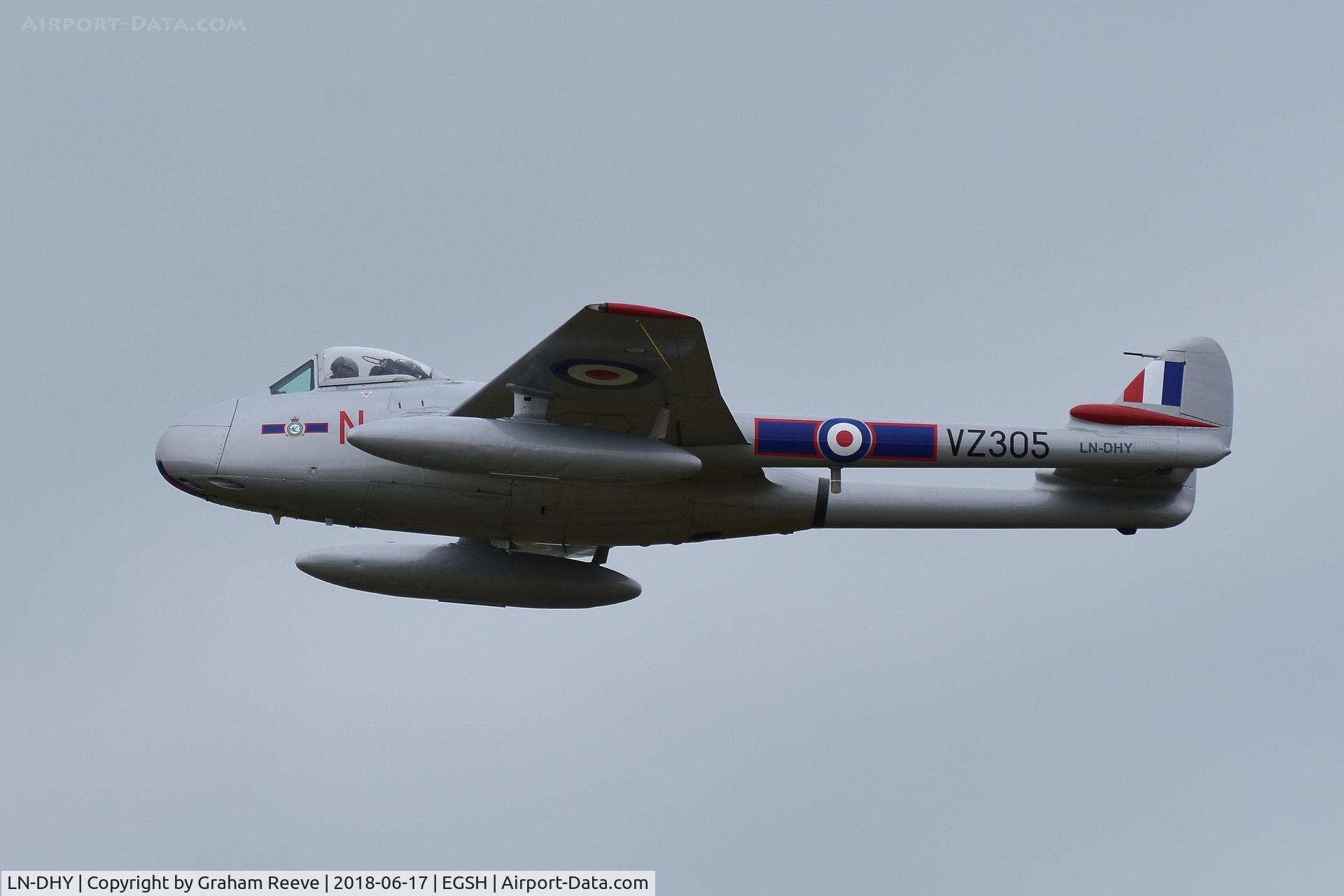 LN-DHY, 1952 De Havilland (FFA) DH-100 Vampire FB6 C/N 705, Departing from Norwich.