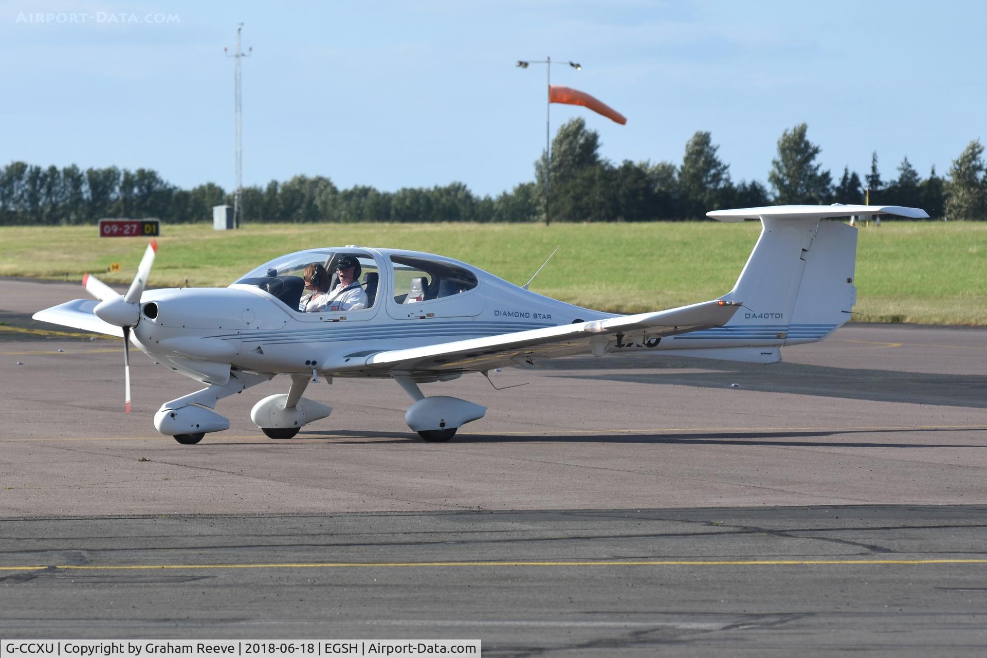 G-CCXU, 2003 Diamond DA-40D Diamond Star C/N D4.037, Just landed at Norwich.