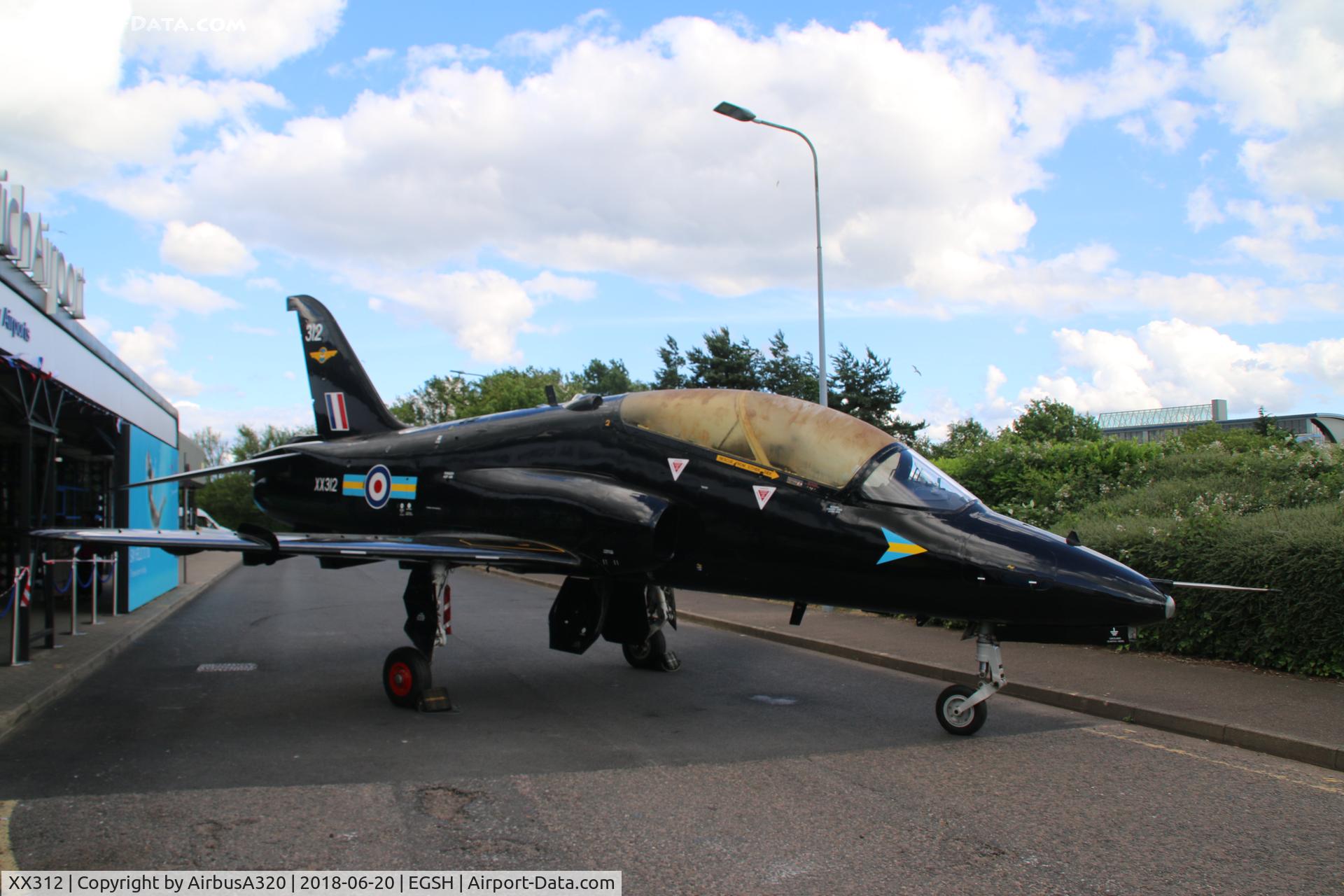 XX312, 1980 Hawker Siddeley Hawk T.1W C/N 148/312137, Parked outside the terminal at Norwich Airport. This weekend the airport celebrates the 100th Anniversary of the RAF and this has been placed here where she will take part in the events