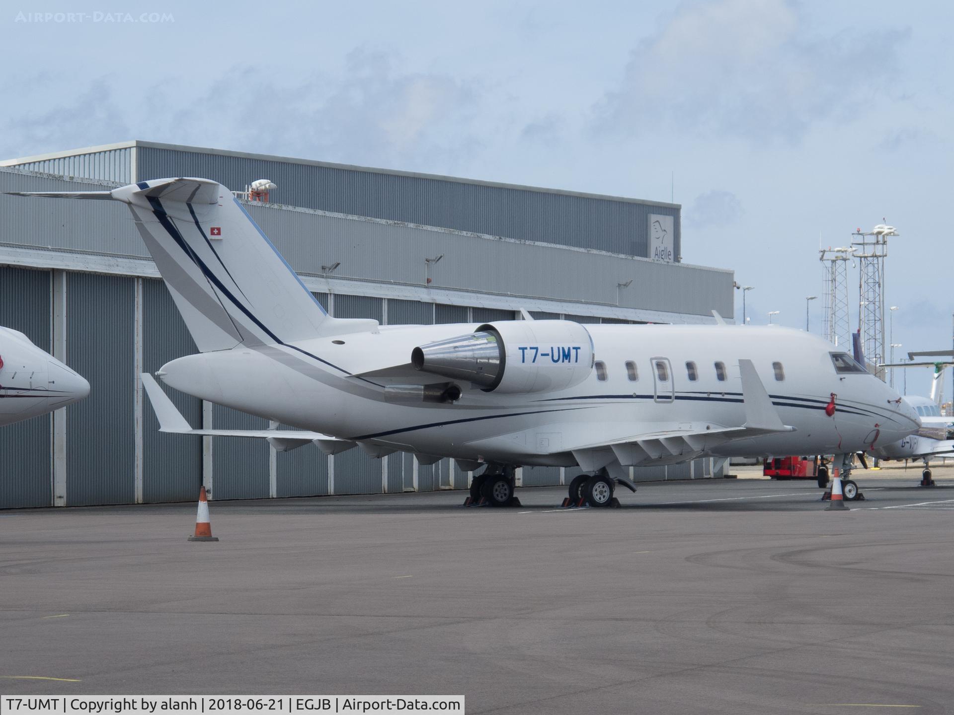 T7-UMT, 2007 Bombardier Challenger 605 (CL-600-2B16) C/N 5726, Parked at Guernsey after registration change from HB-JRE