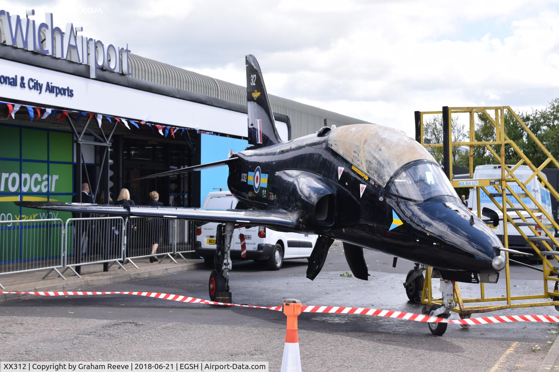 XX312, 1980 Hawker Siddeley Hawk T.1W C/N 148/312137, Parked outside the terminal at Norwich for a 