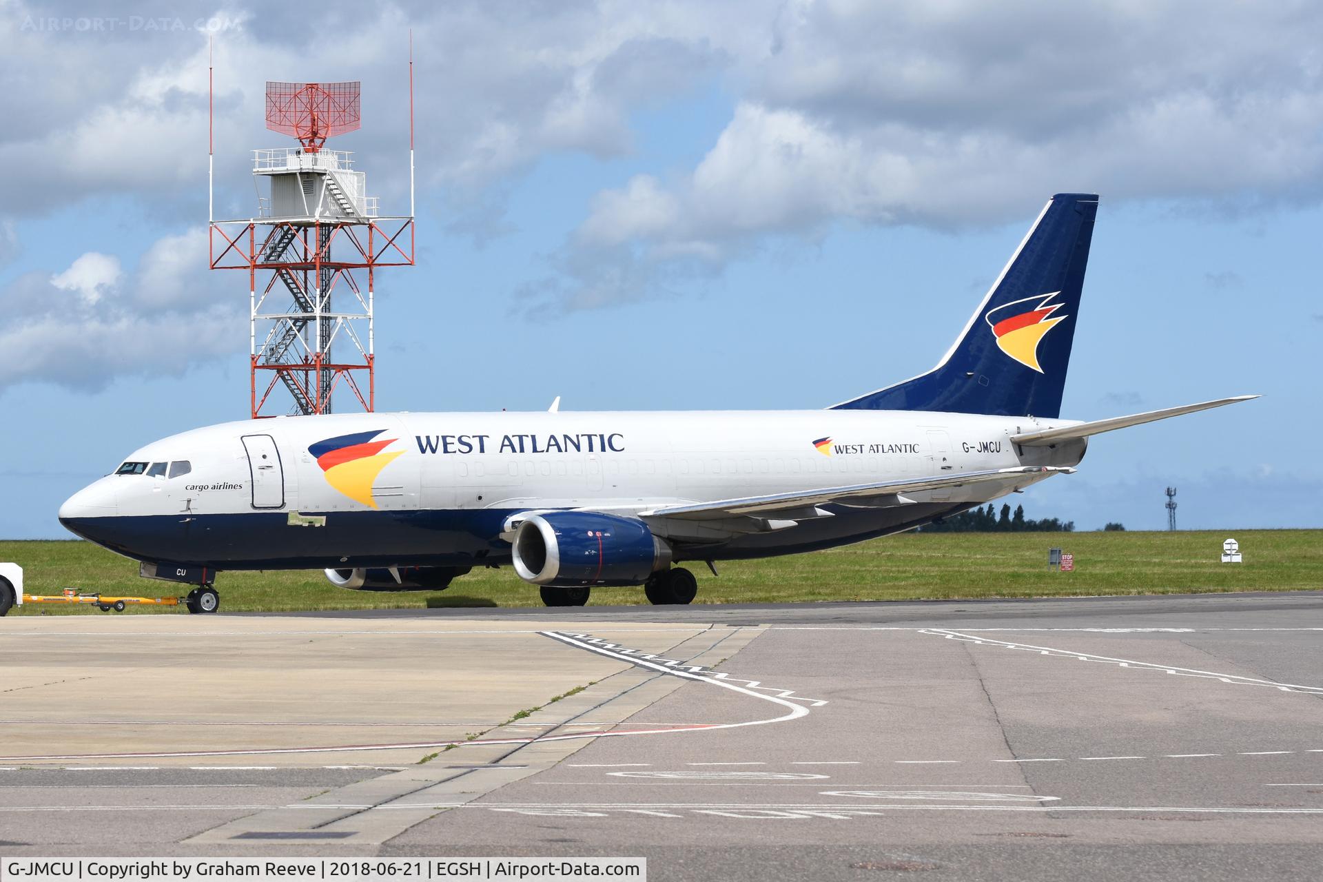 G-JMCU, 1987 Boeing 737-301(SF) C/N 23513, Under tow at Norwich.