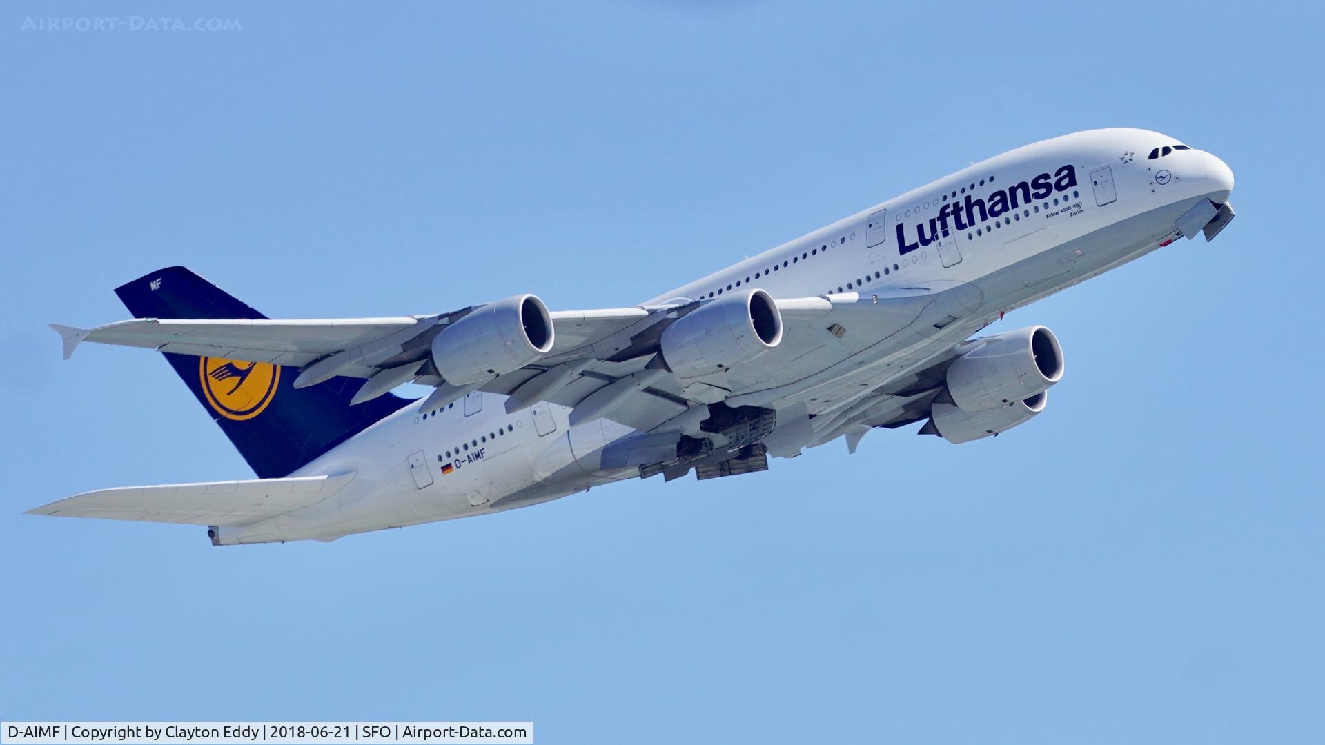 D-AIMF, 2011 Airbus A380-841 C/N 066, Departing runway 28L at San Francisco Airport. 2018.