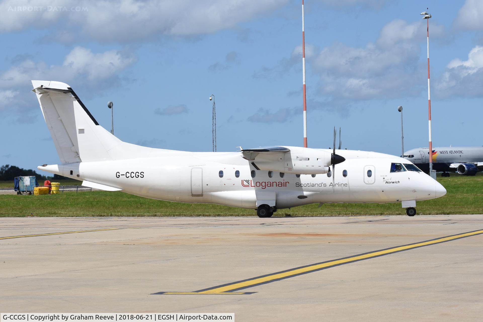 G-CCGS, 1998 Dornier 328-100 C/N 3101, Departing from Norwich.