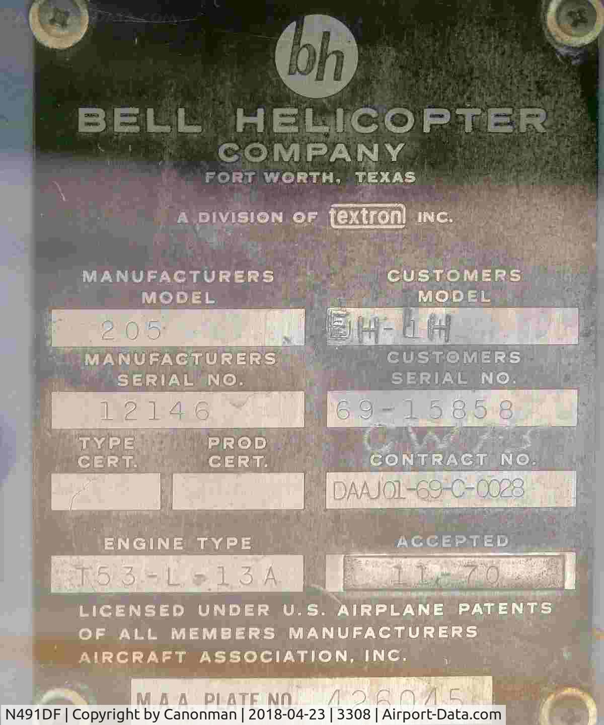 N491DF, 1970 Bell EH-1H Iroquois C/N 12146, Identification plate