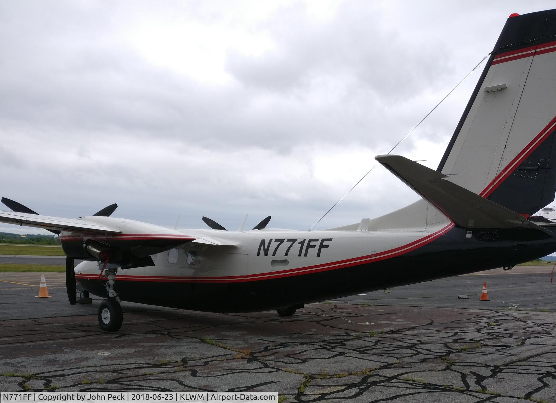 N771FF, 1982 Gulfstream Aerospace 690D Jetprop 900 C/N 15014, Sitting on the tarmac at KLWM on a rainy Saturday afternoon.