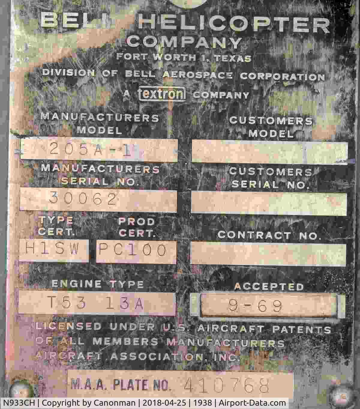 N933CH, 1969 Bell 205A-1 C/N 30062, Identification plate