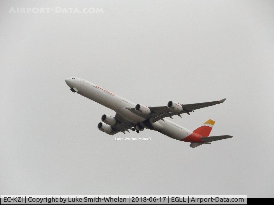 EC-KZI, 2009 Airbus A340-642 C/N 1017, Departing London Heathrow.