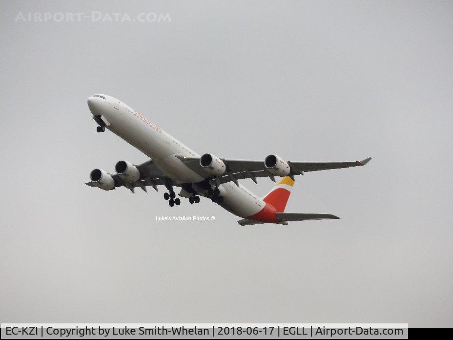 EC-KZI, 2009 Airbus A340-642 C/N 1017, Departing London Heathrow.
