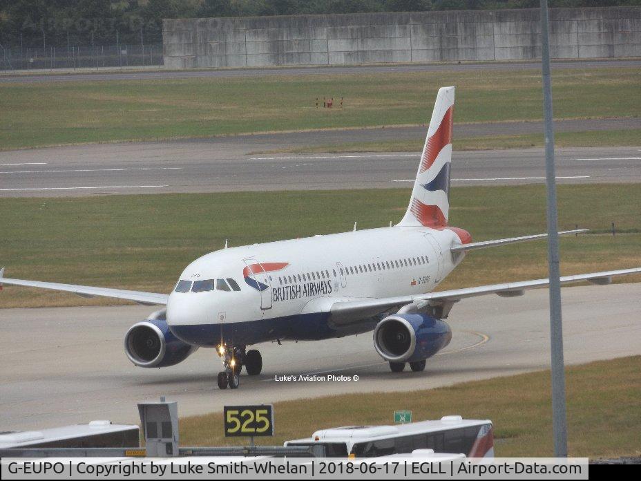 G-EUPO, 2000 Airbus A319-131 C/N 1279, Parking at a stand at London Heathrow.