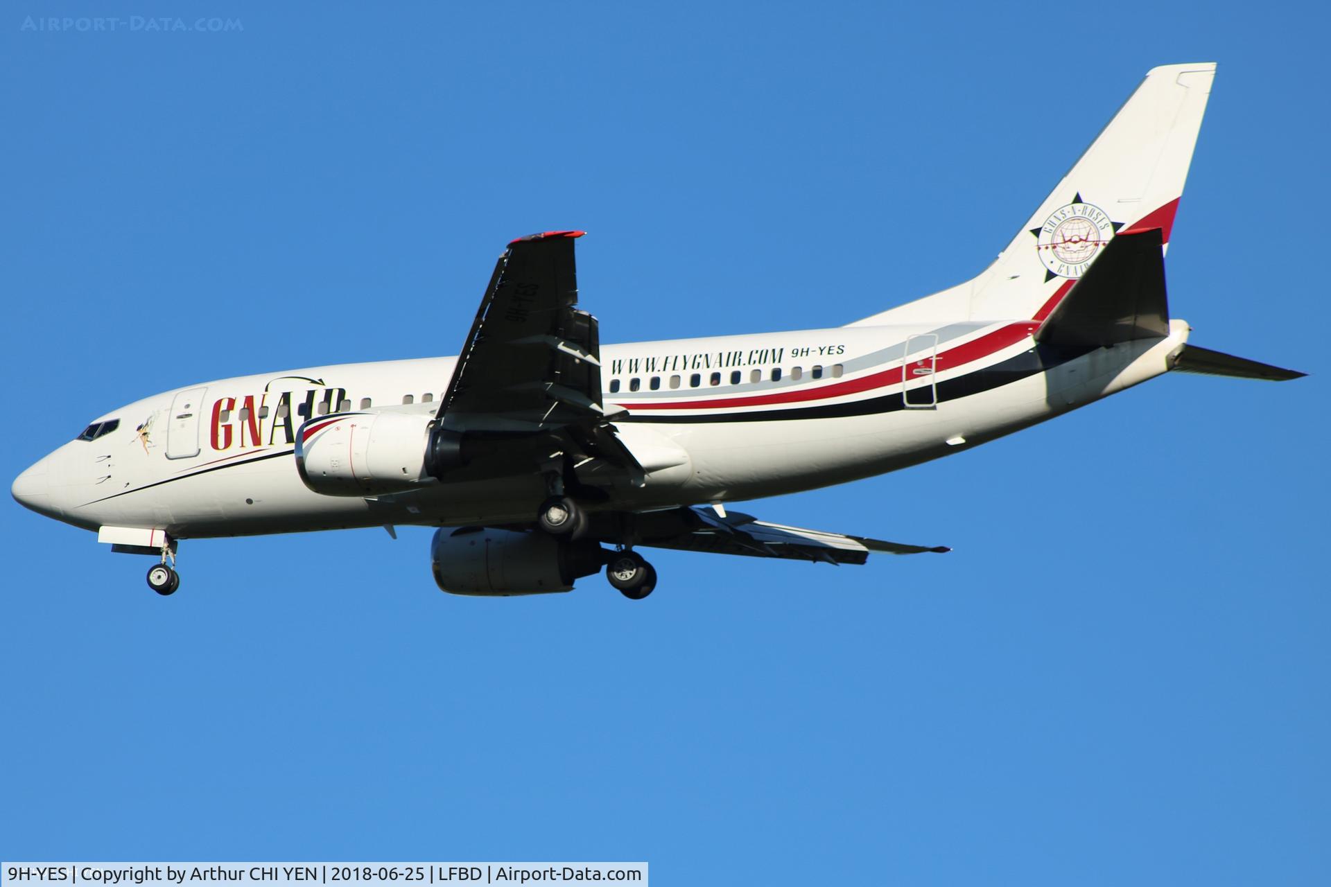9H-YES, 1991 Boeing 737-5Q8 C/N 25167, Guns N' Roses Boeing 737 landing at Bordeaux.
Special 'GNAIR' Livery.