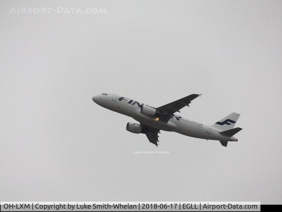 OH-LXM, 2003 Airbus A320-214 C/N 2154, Departing London Heathrow.