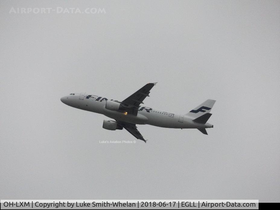 OH-LXM, 2003 Airbus A320-214 C/N 2154, Departing London Heathrow.