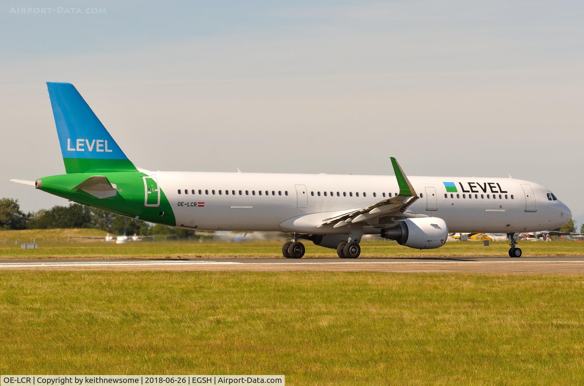 OE-LCR, 2015 Airbus A321-211 C/N 6719, Leaving Norwich for Vienna.