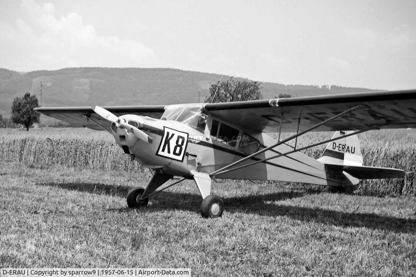 D-ERAU, Taylorcraft BC-12D-85 Sportsman C/N not found, Airshow at Sisseln airfield (closed) 1957. 
Nothing found about this aircraft.
Scanned from a 6x9cm b+w negative.