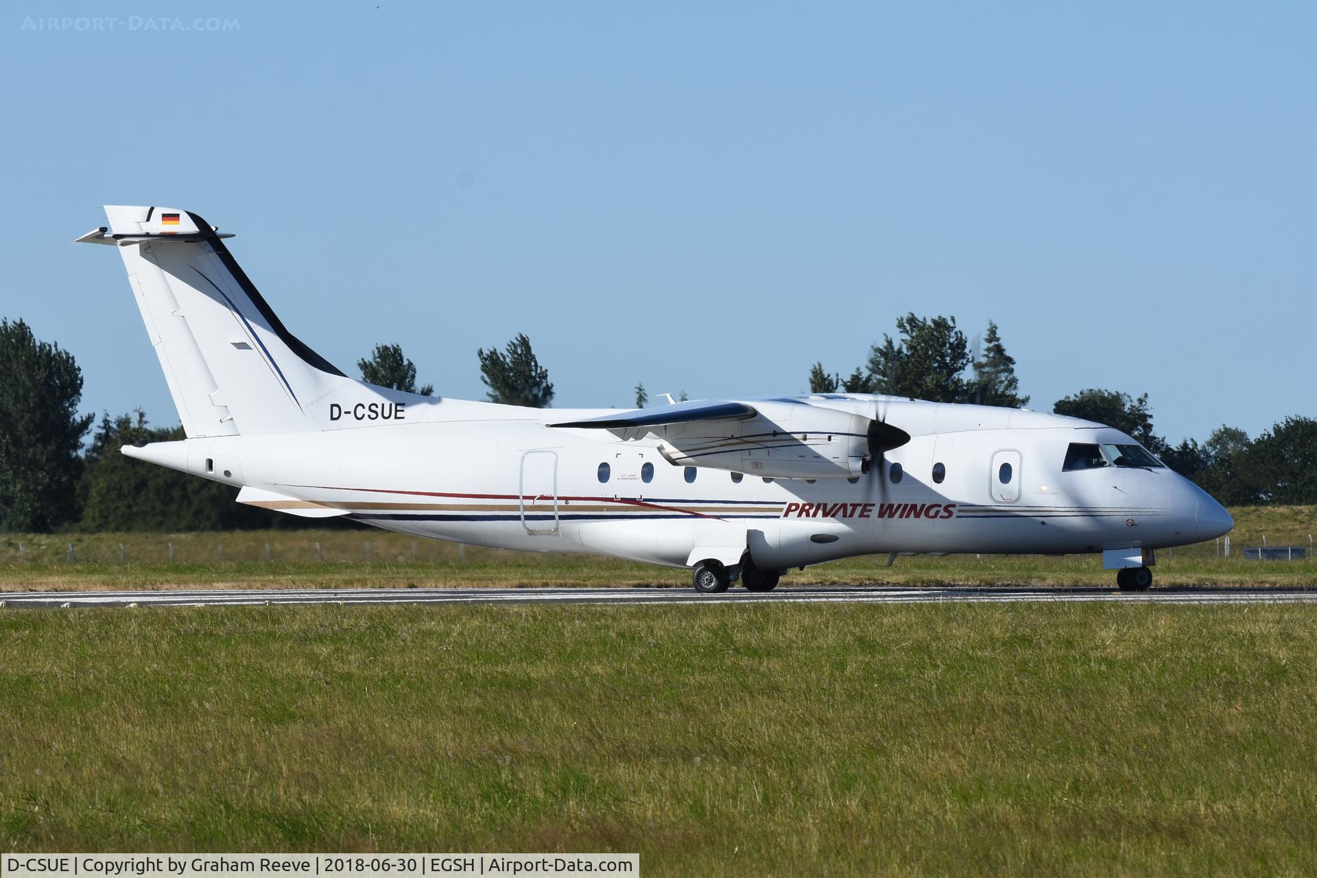 D-CSUE, Dornier 328-110 C/N 3019, Departing from Norwich.