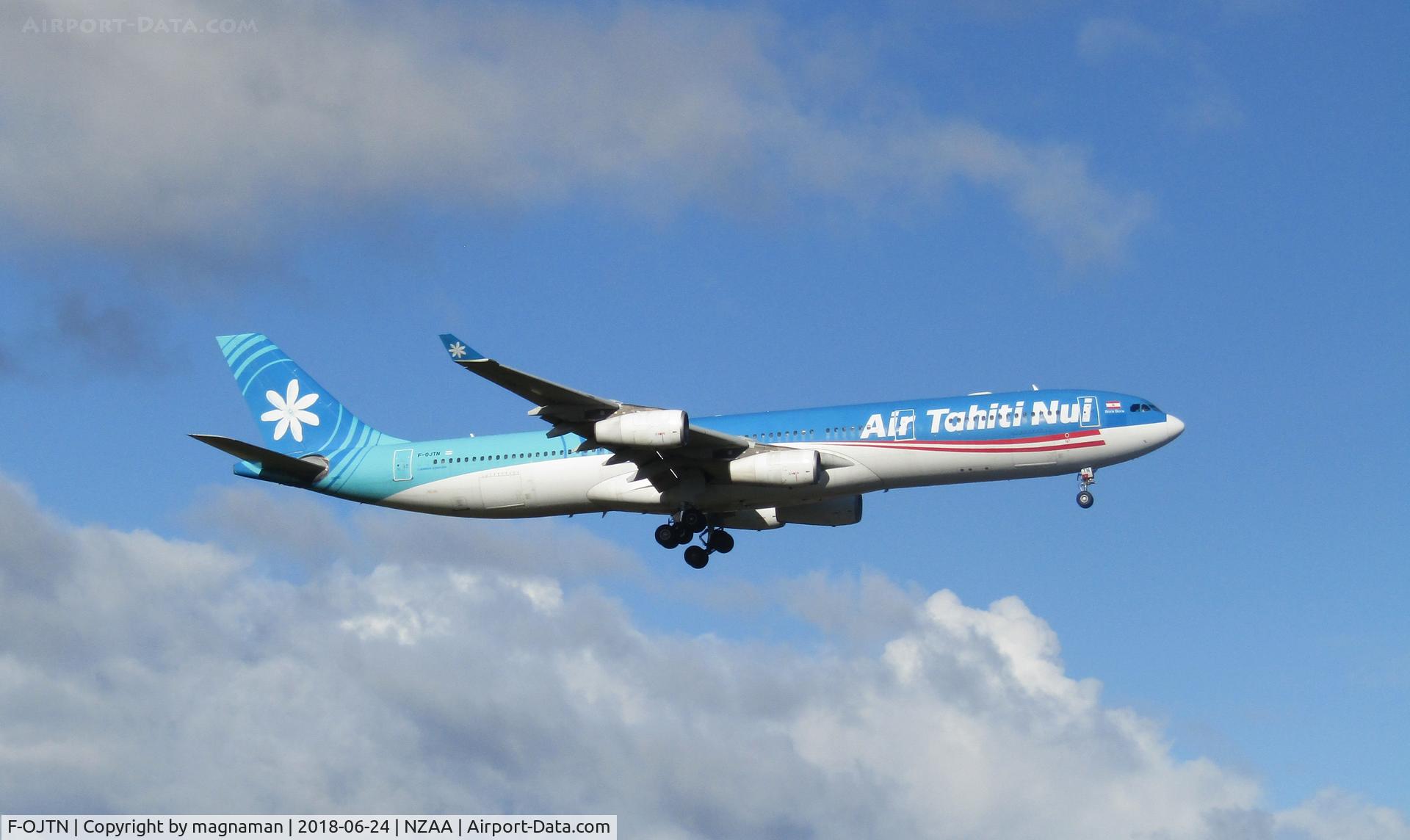 F-OJTN, 2001 Airbus A340-313 C/N 395, about to land by Puhinui Road
