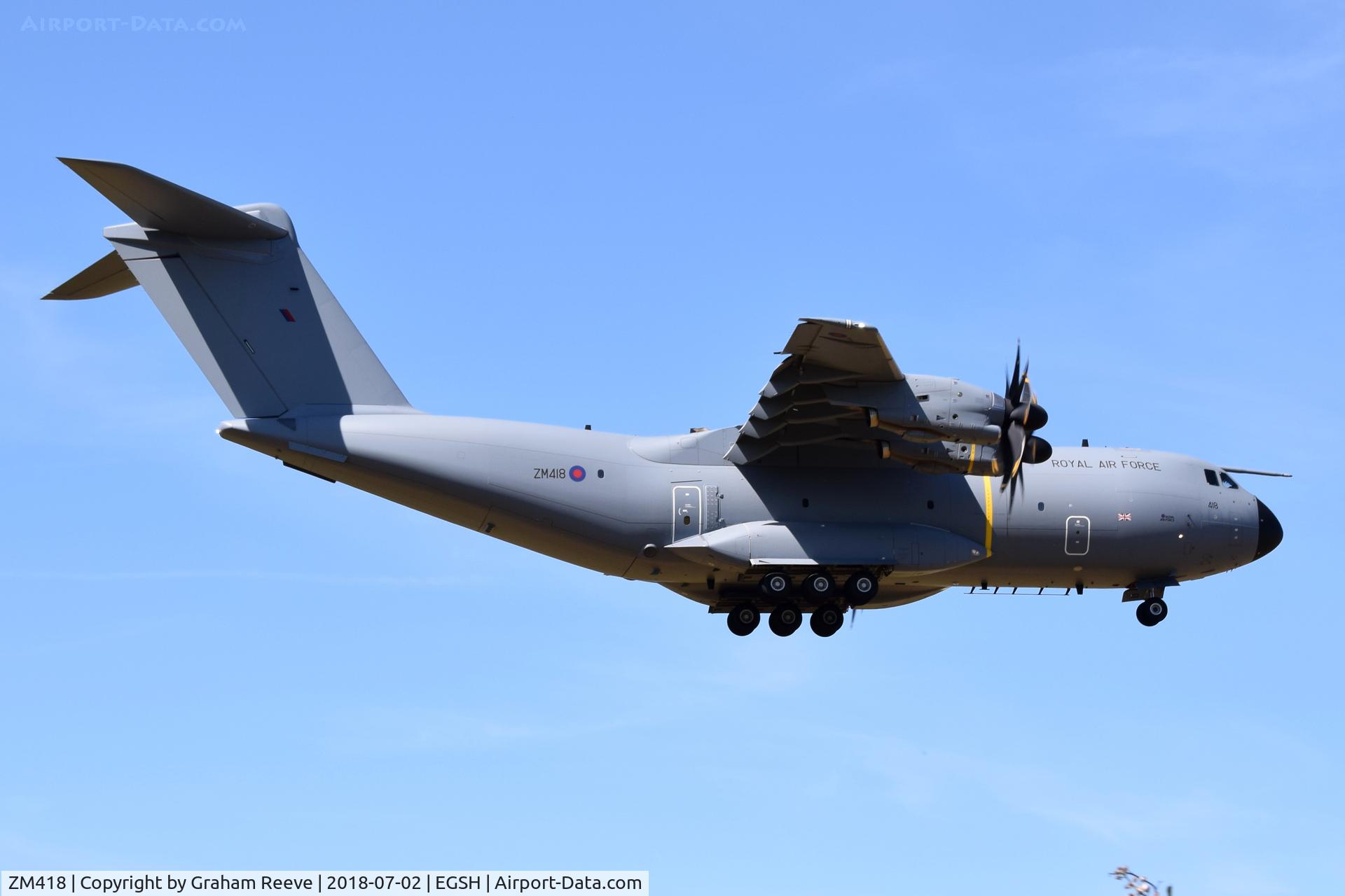 ZM418, 2018 Airbus A400M-180 Atlas C.1 C/N 056, On approach to Norwich.