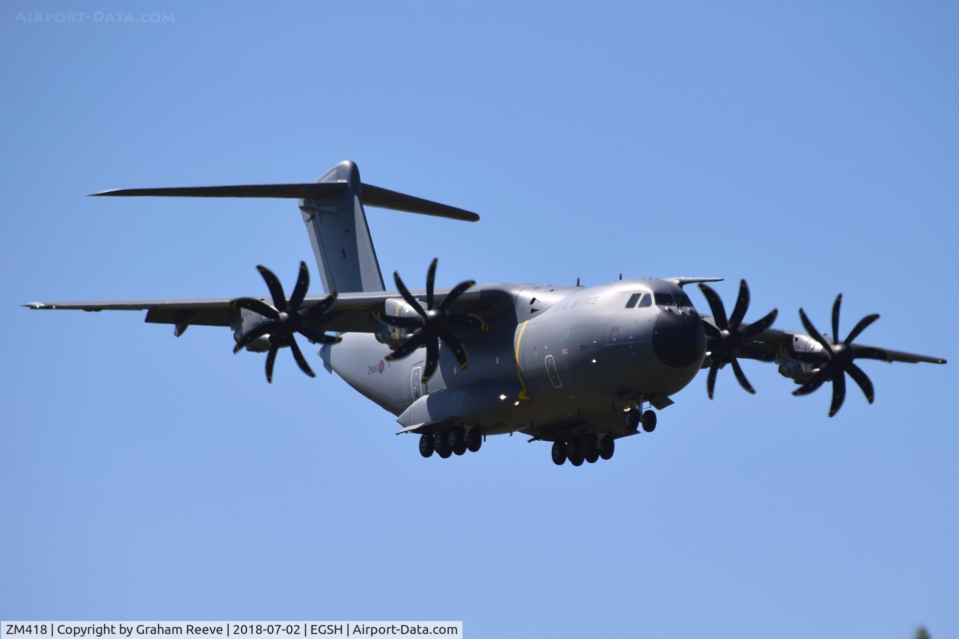 ZM418, 2018 Airbus A400M-180 Atlas C.1 C/N 056, On approach to Norwich.