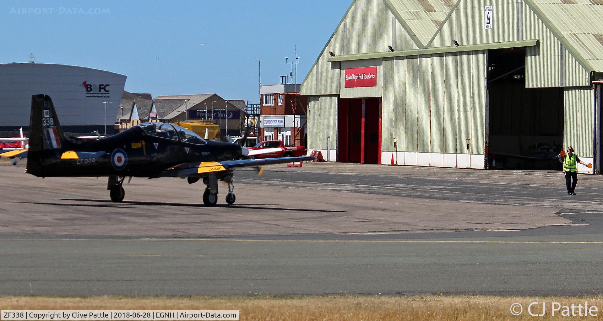 ZF338, 1991 Short S-312 Tucano T1 C/N S102/T73, Marshalled into parking area at Blackpool